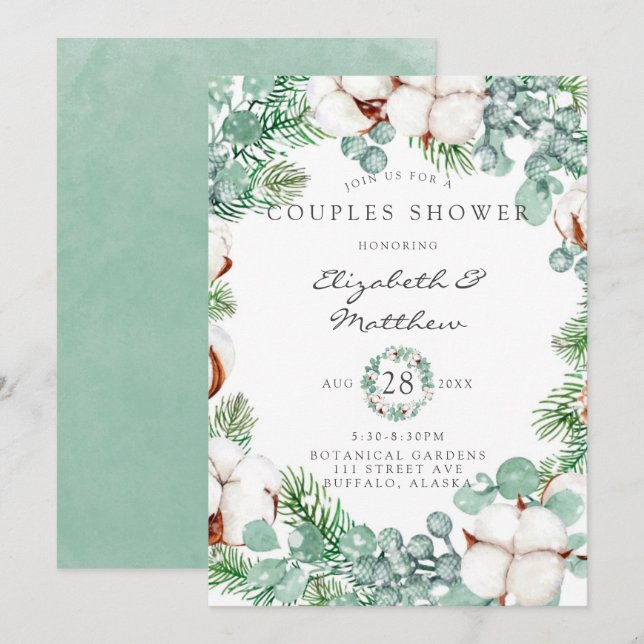 Invitation Eucalyptus vert et Couples en coton Douche (Devant / Derrière)