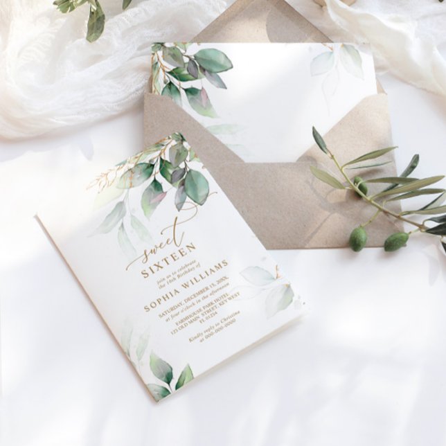 Invitation Eucalyptus vert et or doux 16 Anniversaire (Créateur téléchargé)