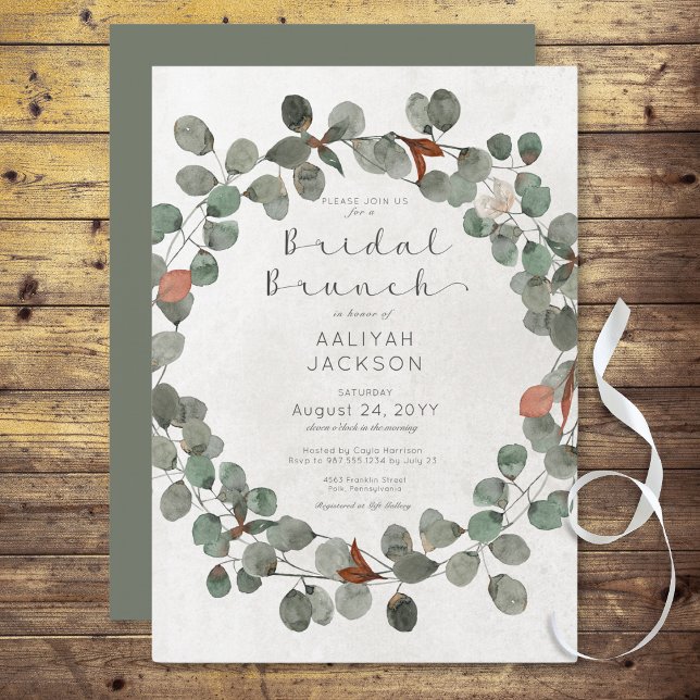 Invitation Eucalyptus vert et rouille Brunch nuptial moderne (Green & Rust Eucalyptus Modern Bridal Brunch Invitation)