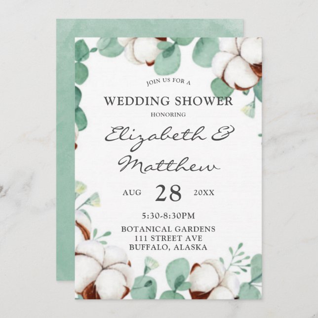Invitation Eucalyptus vert et Wedding shower de coton (Devant / Derrière)