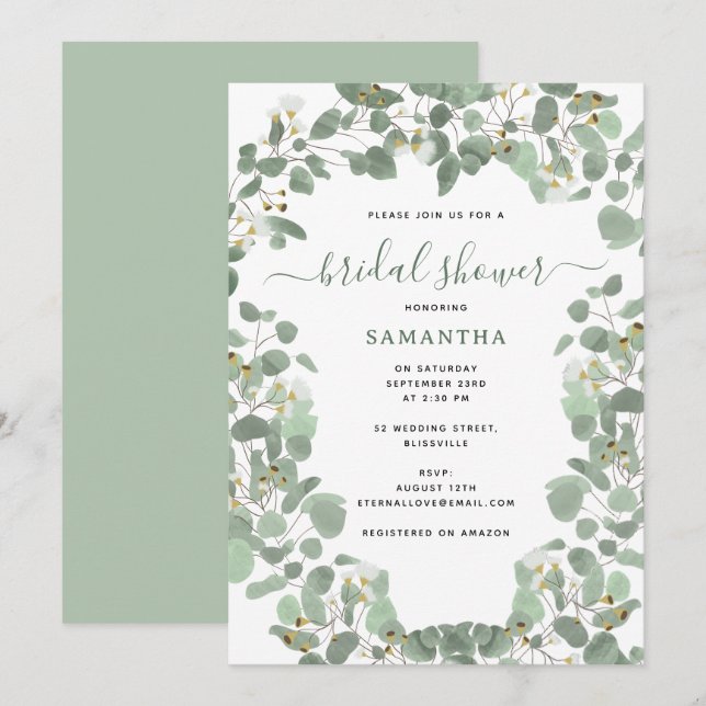 Invitation Eucalyptus Vert Fête des mariées Dollar Argent (Devant / Derrière)