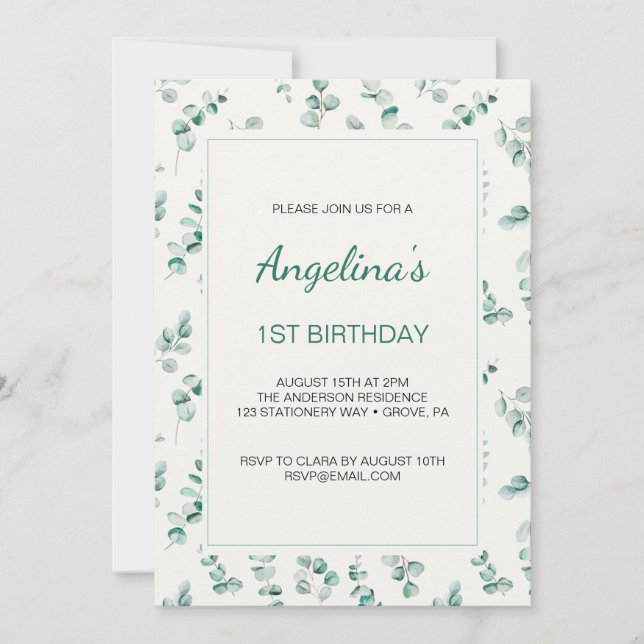 Invitation Eucalyptus Vert Feuilles premier anniversaire (Devant)