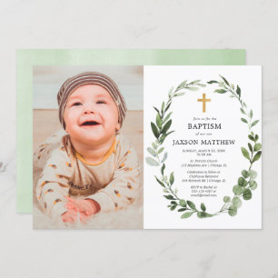 Invitation Eucalyptus vert feuilles simple baptême photo