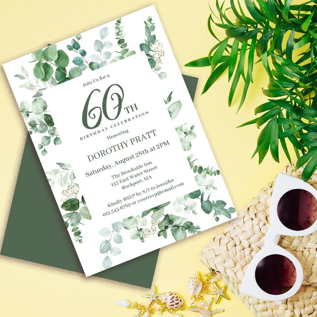 Invitation Eucalyptus vert foncé 60e fête d'anniversaire (Need matching party supplies? Welcome signs, napkins, paper plates, something else. Message me!)