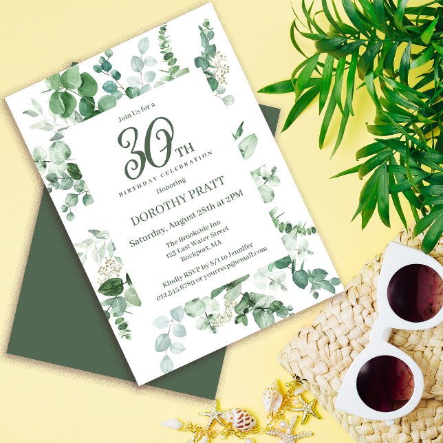 Invitation Eucalyptus vert foncé fête du 30e anniversaire (Need matching party supplies? Welcome signs, napkins, paper plates. Something else? Message  me!)