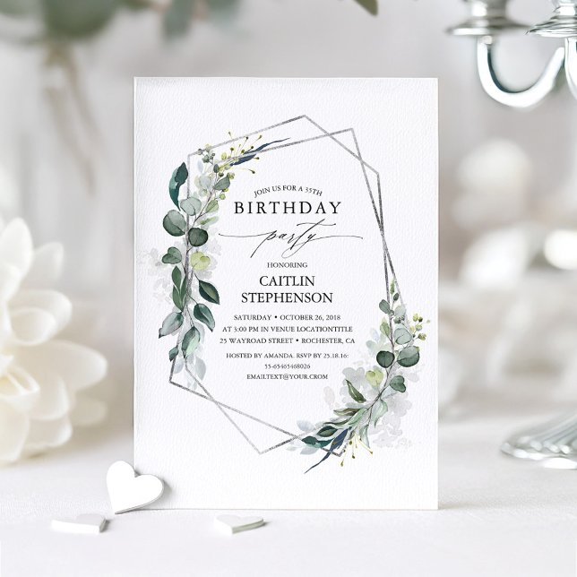 Invitation Eucalyptus Vert Géométrique Moderne Anniversaire (Eucalyptus Leaves Elegant Birthday Invitation)