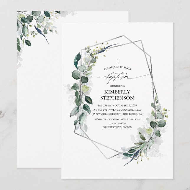 Invitation Eucalyptus Vert Géométrique Moderne Baptême (Devant / Derrière)