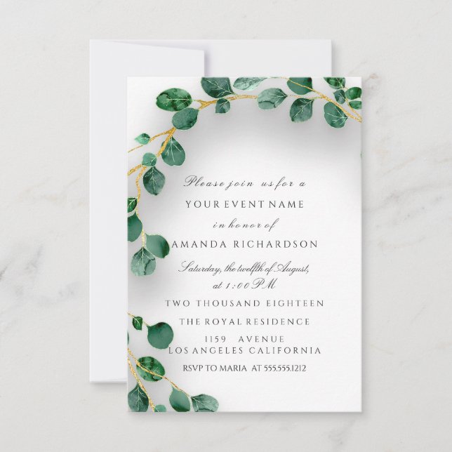 Invitation Eucalyptus Vert Mariage Blanc Douce 16e (Devant)