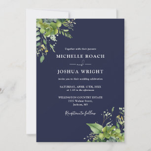 Invitation Eucalyptus Vert Marine bleu QR Code Mariage