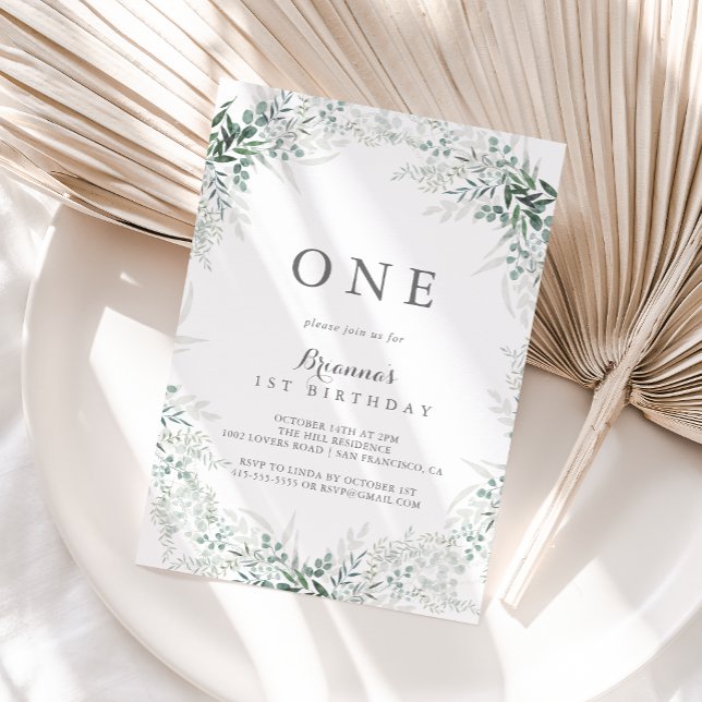 Invitation Eucalyptus Vert Minimaliste Premier anniversaire (Créateur téléchargé)