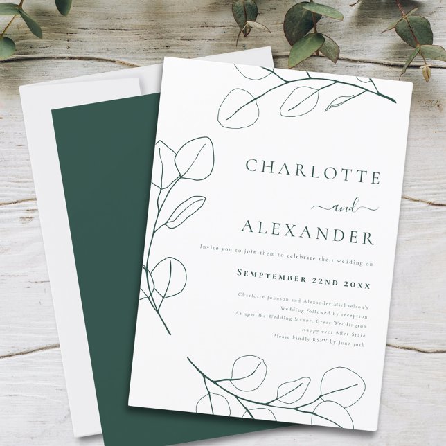 Invitation Éucalyptus vert moderne feuillage Minimaliste (Modern Simple leaf drawing dark green wedding invitation with elegant typography script )