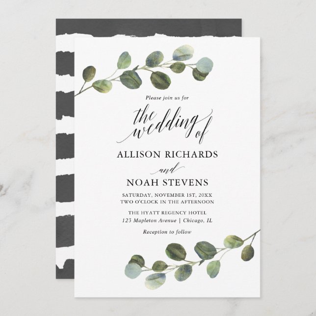 Invitation Eucalyptus vert noir blanc moderne simple (Devant / Derrière)