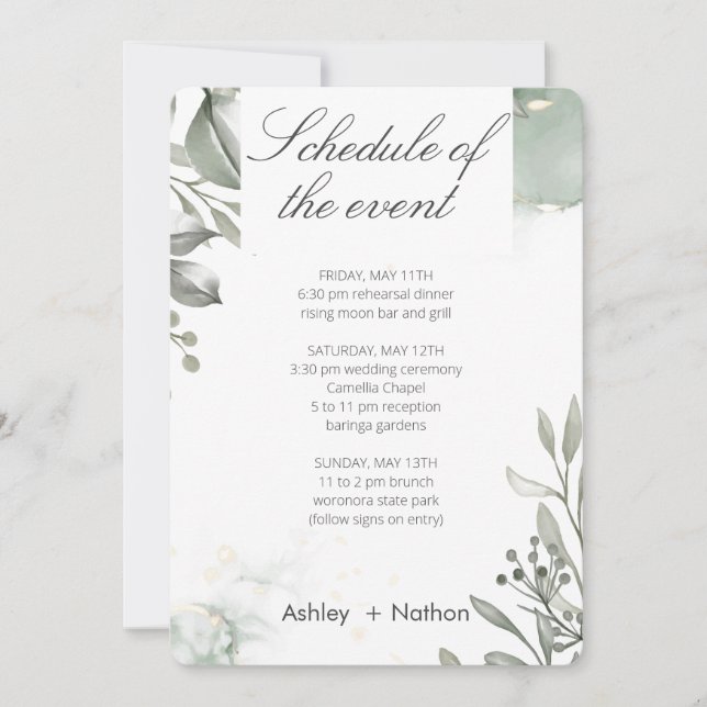Invitation Eucalyptus vert & or aquarelle Mariage (Devant)
