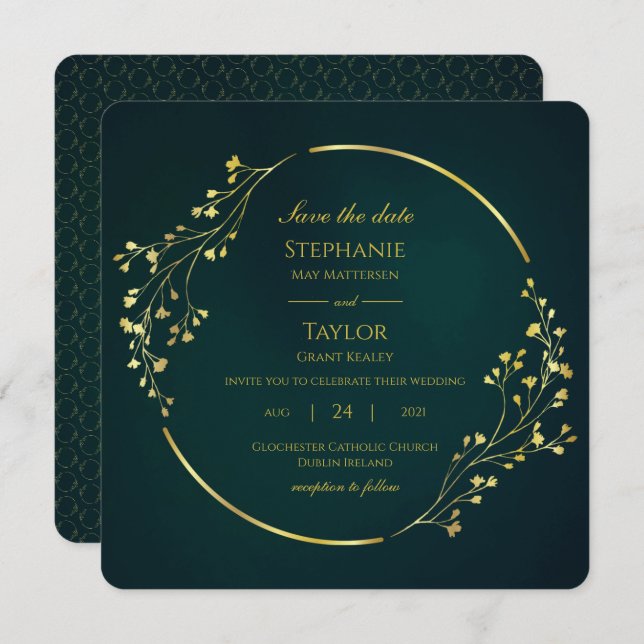 Invitation Eucalyptus Vert Or Moderne Enregistrer La Date (Devant / Derrière)