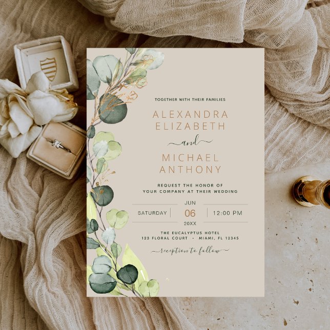 Invitation Eucalyptus Vert Taupe Beige Mariage or (Créateur téléchargé)