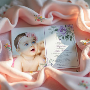 Invitation Eucalyptus Violet Fleurs Photo Girl Baptême