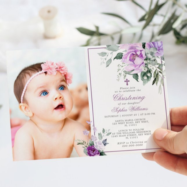 Invitation Eucalyptus Violet Fleurs Photo Girl Christening (Créateur téléchargé)