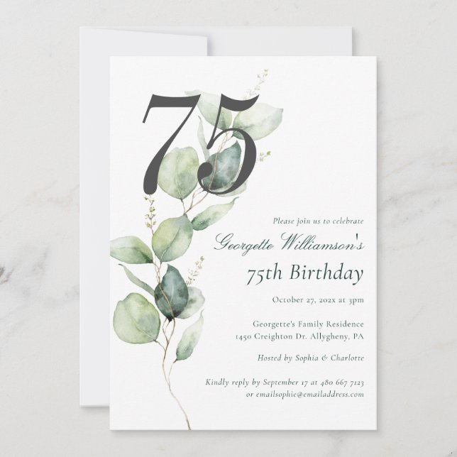 Invitation Eucalyptus Watercolor 75th Birthday Script (Devant)