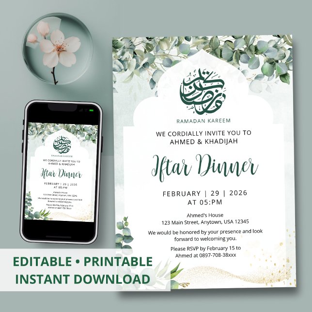 Invitation Eucalyptus Watercolor Arch Ramadan Iftar Dinner (Créateur téléchargé)