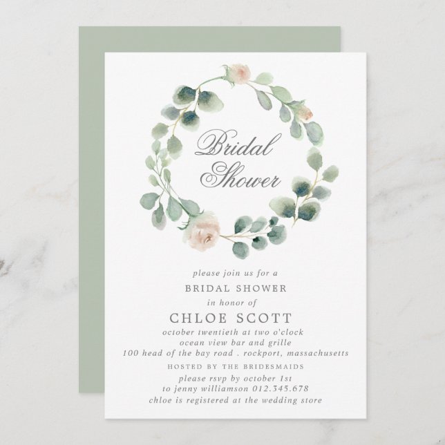 Invitation Eucalyptus White Floral Wreath Fête des mariées (Devant / Derrière)