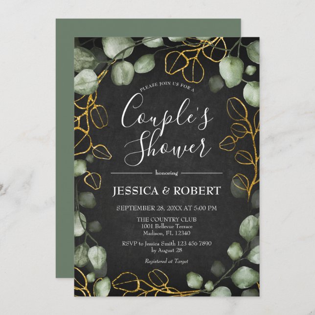 Invitation Eucalyptus Wreath Chalkboard Couples Douche (Devant / Derrière)
