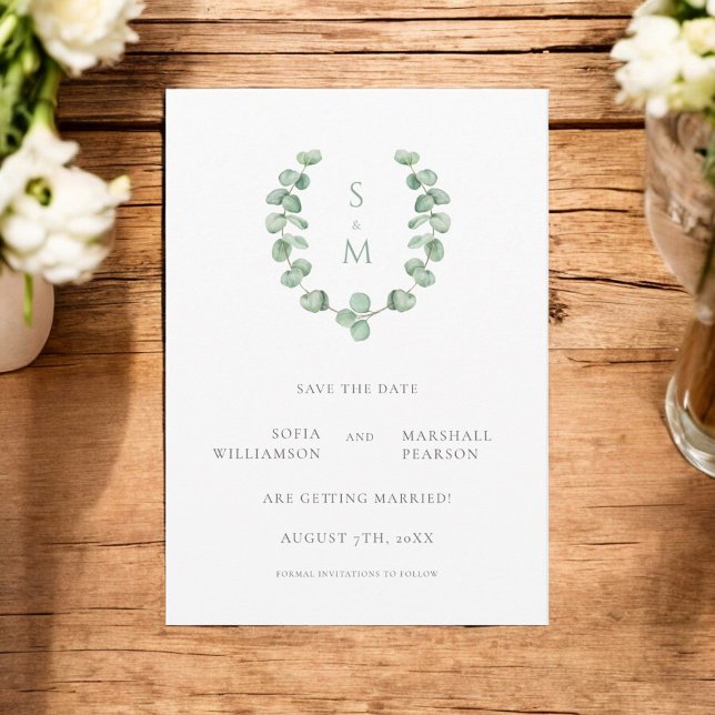 Invitation Eucalypus monogramme enregistrer la date (beautiful clean monogram save the date with green folage 
)