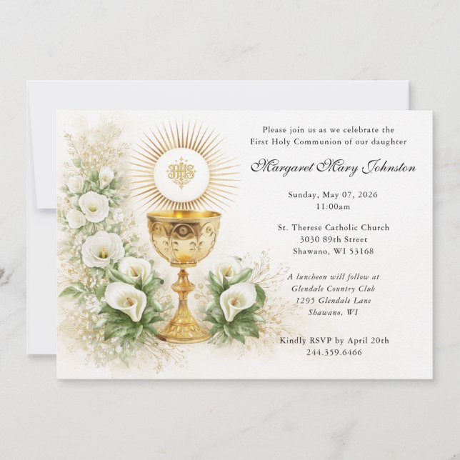 Invitation Eucharistie élégante Première Communion Florale (Devant)