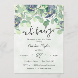 Invitation Eucualyptus Vert Marine Baby shower floral bleu