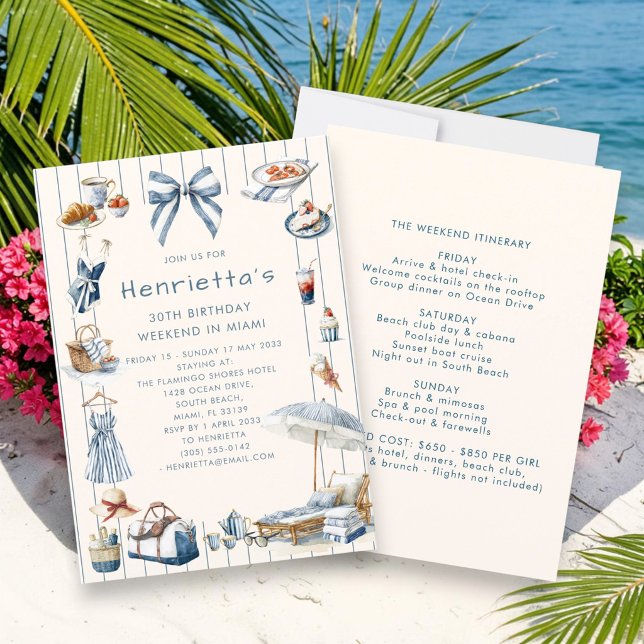Invitation Évasion pour les 30 ans en aquarelle à rayures côt (Créateur téléchargé)