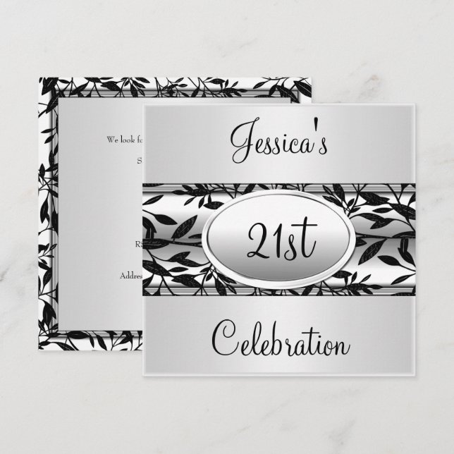 Invitation Événement 21e anniversaire floral noir et blanc (Devant / Derrière)