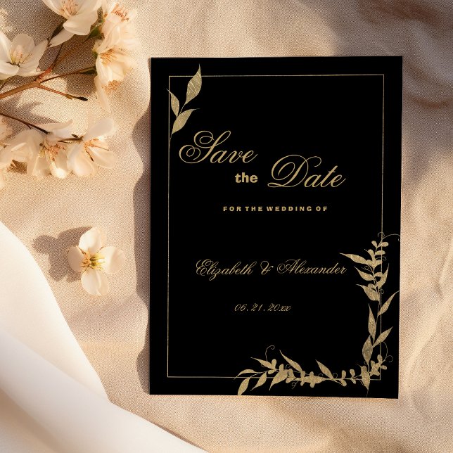 Invitation Événement à ne pas manquer luxe noir et or à feuil (Luxury black and gold foliage Save the Date)