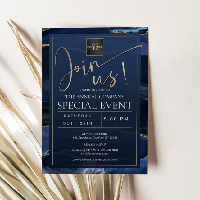 Invitation Événement d'affaires de luxe bleu marine or (Luxury Navy Blue Gold Corporate Business Event Invitation Card)