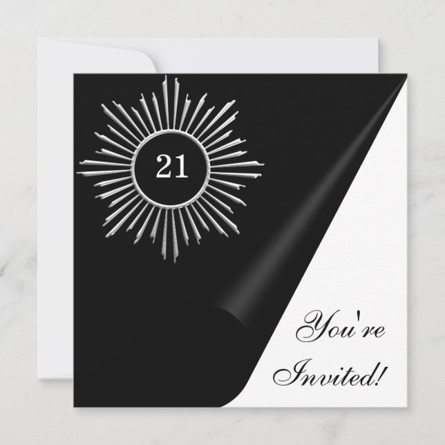 Invitation Événement d'anniversaire 21 ans Argent Noir & Blan (Devant)