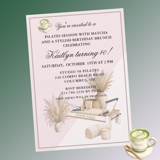 Invitation Événement d'anniversaire 40 ans Pilates & Matcha ( (Créateur téléchargé)