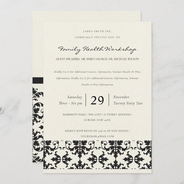 INVITATION ÉVÉNEMENT D'ATELIER CLASSIQUE BLACK & WHITE DAMASK (Devant / Derrière)