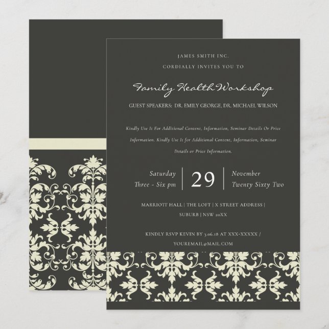 INVITATION ÉVÉNEMENT D'ATELIER CLASSIQUE BLACK WHITE DAMASK (Devant / Derrière)