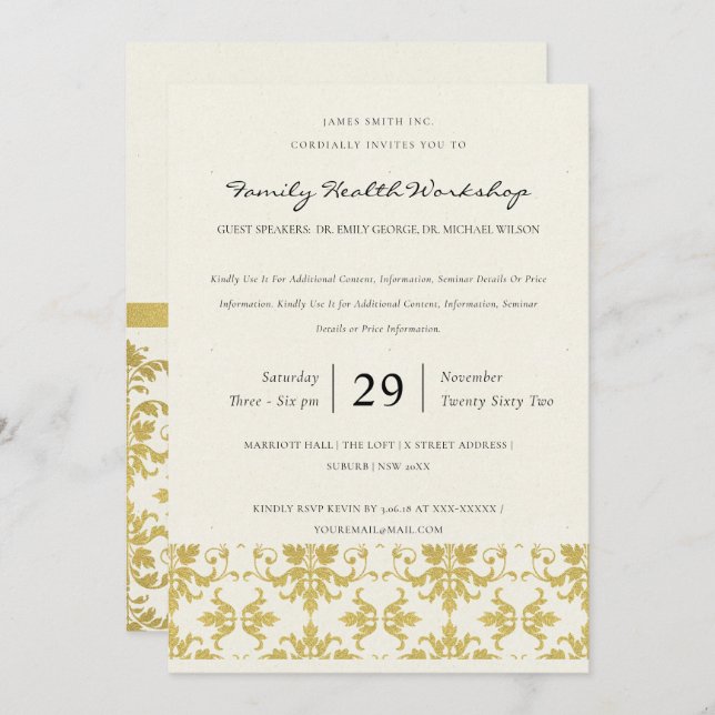 INVITATION ÉVÉNEMENT D'ATELIER CLASSIQUE FAUX GOLD DAMASK (Devant / Derrière)