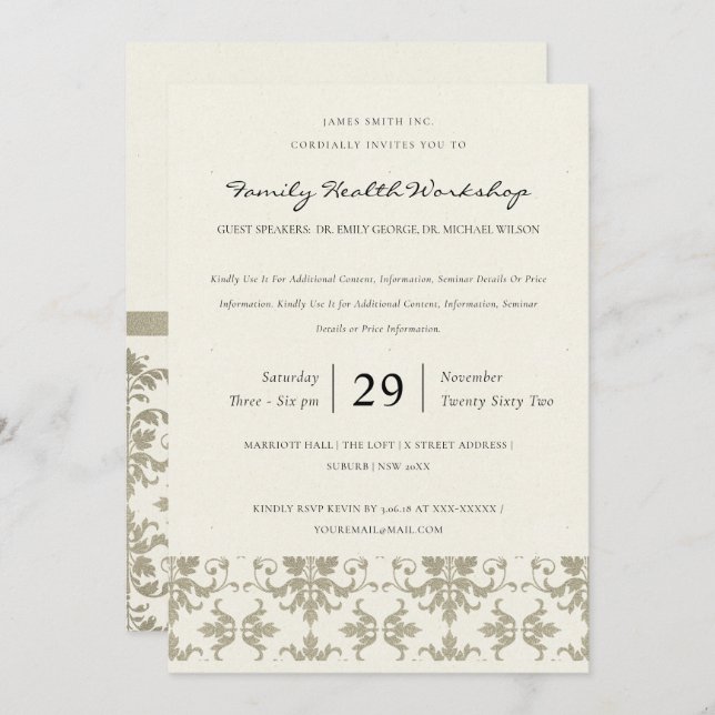 INVITATION ÉVÉNEMENT D'ATELIER CLASSIQUE FAUX SILVER DAMASK (Devant / Derrière)