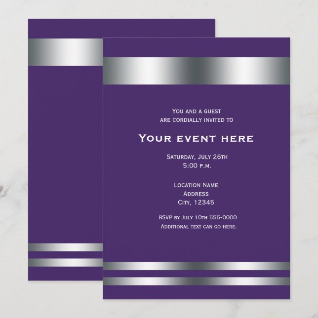 Invitation Événement de dîner élégant violet et argent (Devant / Derrière)