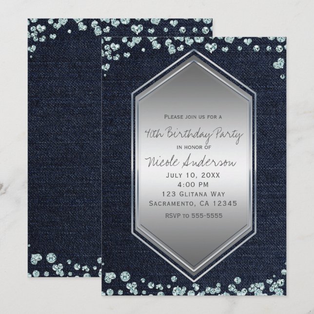 Invitation Événement de fête d'anniversaire Denim Diamonds Si (Devant / Derrière)