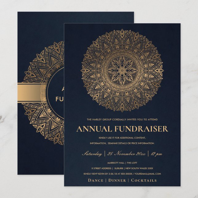 INVITATION ÉVÉNEMENT DE FÊTE D'ENTREPRISE MANDALA ORNÉ OR NAV (Devant / Derrière)
