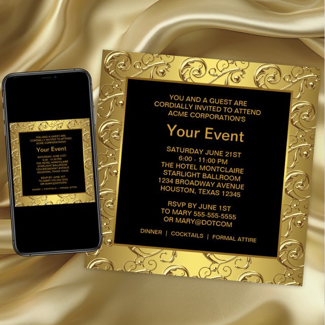 Invitation Événement de fête d'entreprise Or et Noir (Black and gold Corporate Party Event Invitation. Any occasion. For download and print.)