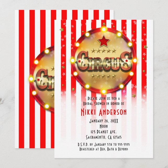 Invitation Événement de fête foraine rouge blanc or rayé (Devant / Derrière)
