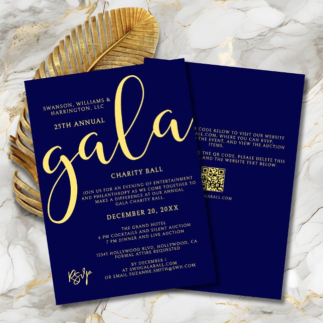 Invitation Événement de gala de charité Élégant Bleu Or (Gala Event Charity Fundraiser Elegant Blue and Gold Invitation with Bold Script Gala for Gala Ball.)