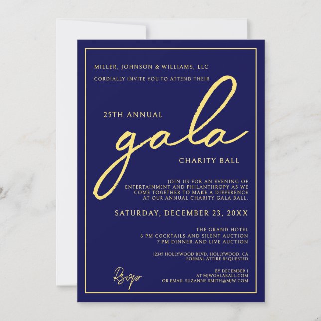 Invitation Événement de gala de charité Élégant Bleu Or (Devant)