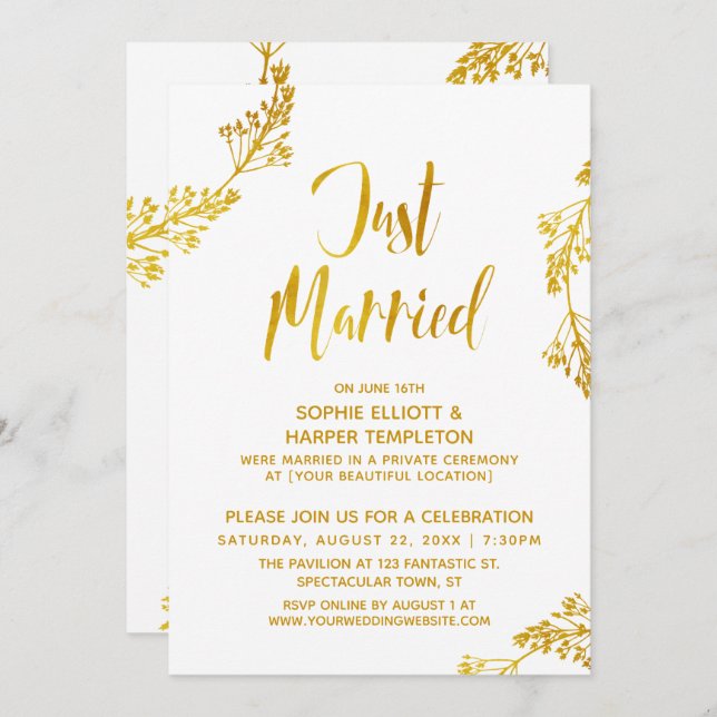 Invitation Événement de mariage Gold Botanical Just Married a (Devant / Derrière)