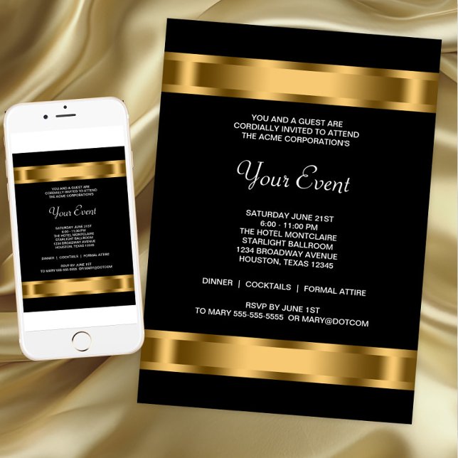 Invitation Événement de société Black Gold Black (Black and gold corporate event invitation with beautiful gold bands. For Instant download and print.)