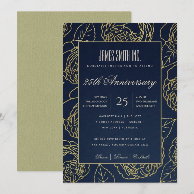 INVITATION ÉVÉNEMENT D'ENTREPRISE FLEUR DE ROSE KRAFT OR NAVY (Devant / Derrière)