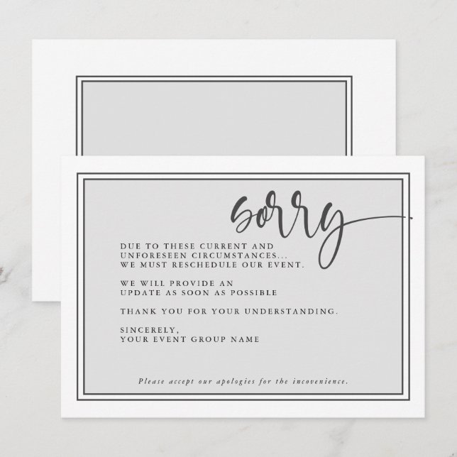 Invitation Événement différé moderne Désolé Reprogrammer l'év (Devant / Derrière)