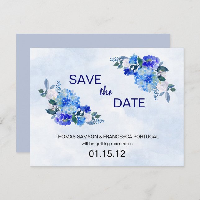 Invitation Événement Mariage Fleurs Aquarelle Bleu Royal Enre (Devant / Derrière)